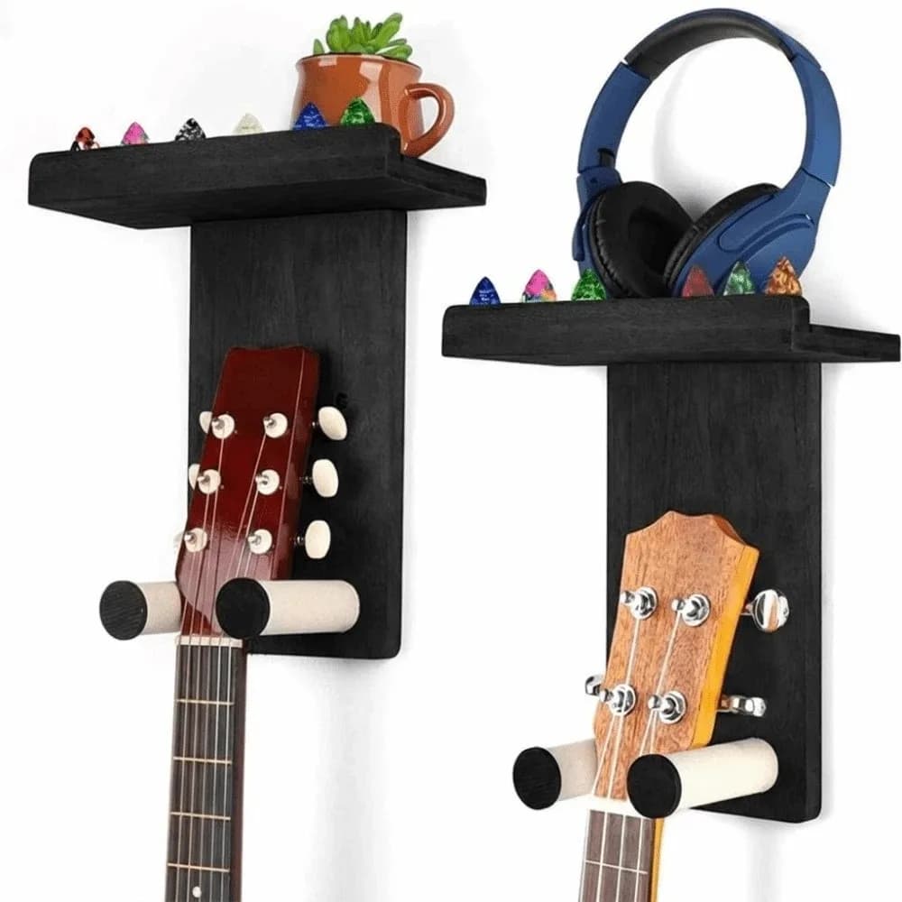 Supporti da Parete in Legno per Chitarre con Ripiano Salvaspazio, Protezione per Ukulele, Robusto Portastrumenti a Corda
