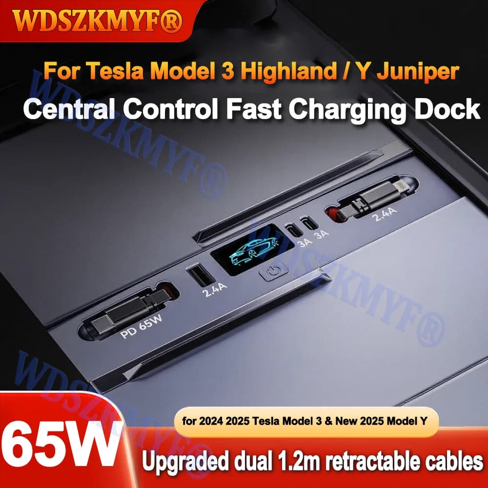 USB Charger for Car 65W 45W 5 Doors, Central Control with Retractable Cable for Tesla Accessories Model 3 2024-2025 Y 2025