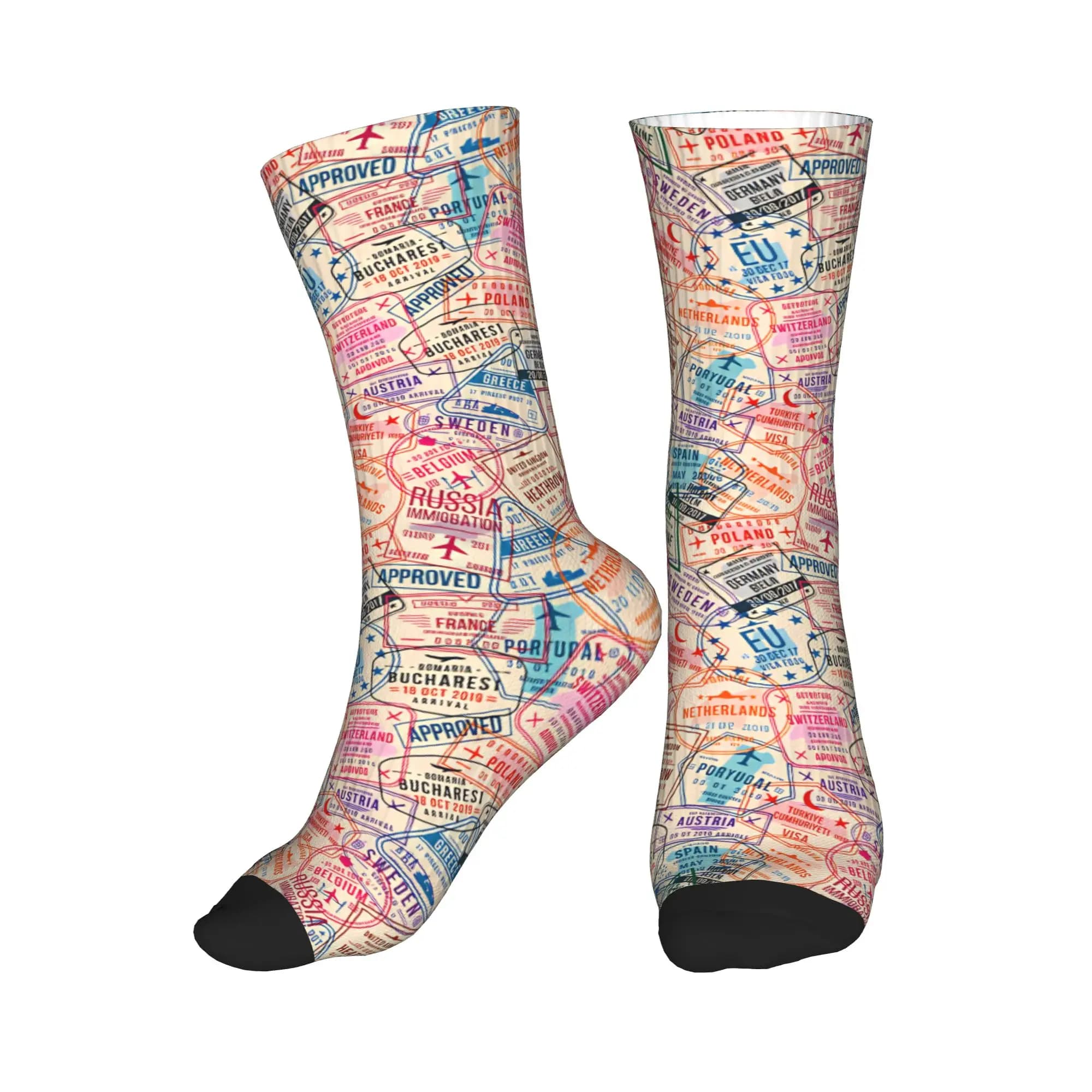 Pastel Europe Travel Collage Passport Stamps Pattern Men Women Crew Socks Unisex Cute 3D Printing Dress Socks