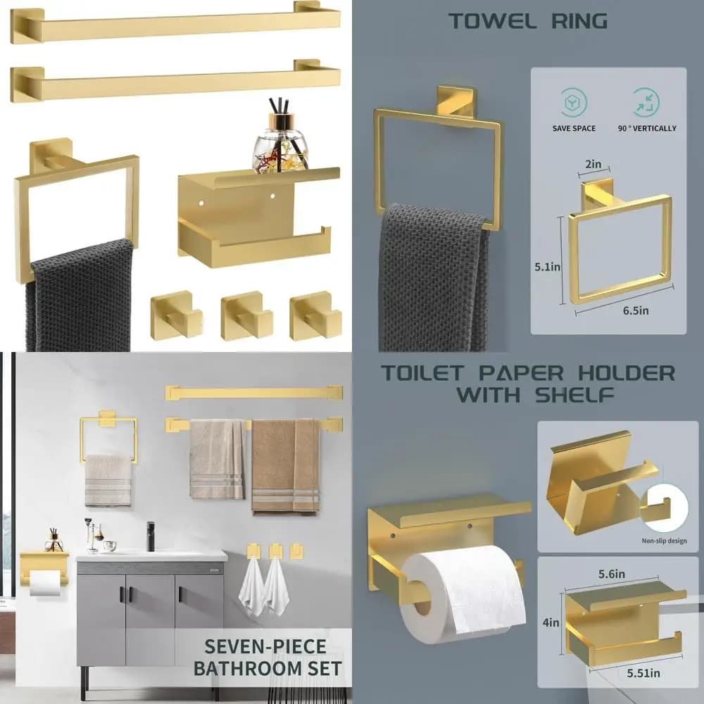 Set di accessori per il bagno in oro - Portasciugamani quadrati in oro spazzolato da 7 pezzi, portasciugamani, accessori in acciaio inossidabile da 23 pollici