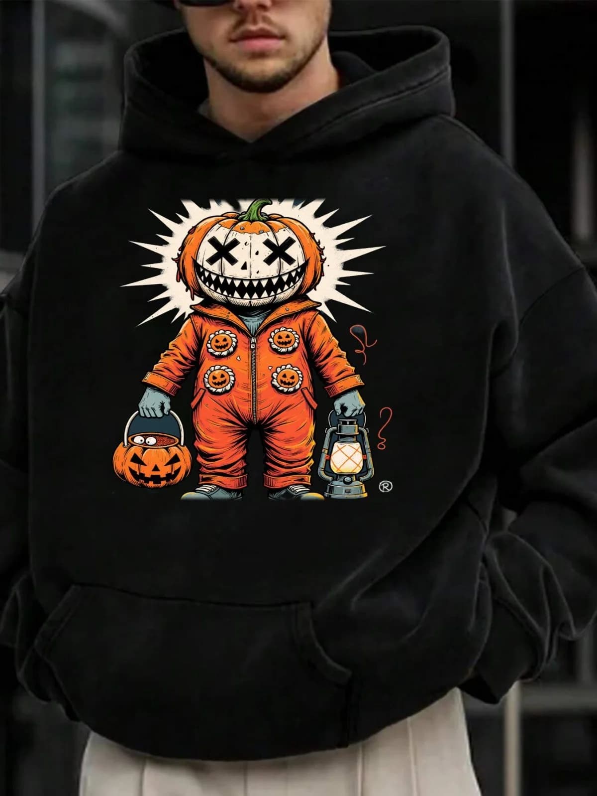 Felpa con cappuccio stampata Halloween con zucca casual alla moda e terrificante da uomo con pullover ampio, spesso e felpato per la strada