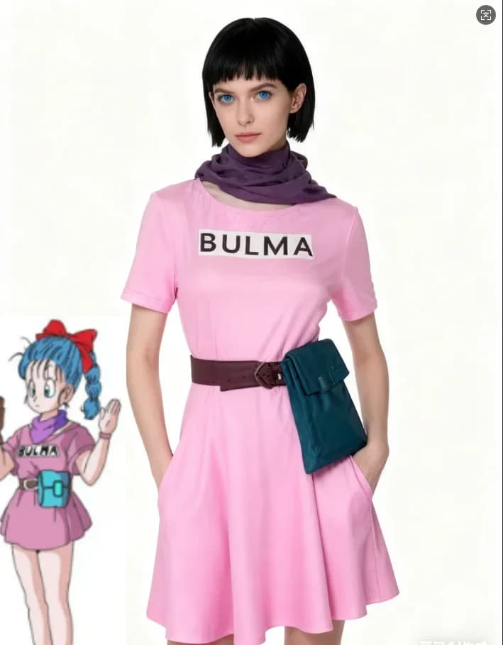 Costume Cosplay Anime Bulma, Abito Rosa, Costume di Son Goku, per Carnevale, Halloween, Natale, Costume per Adulti con Parrucca
