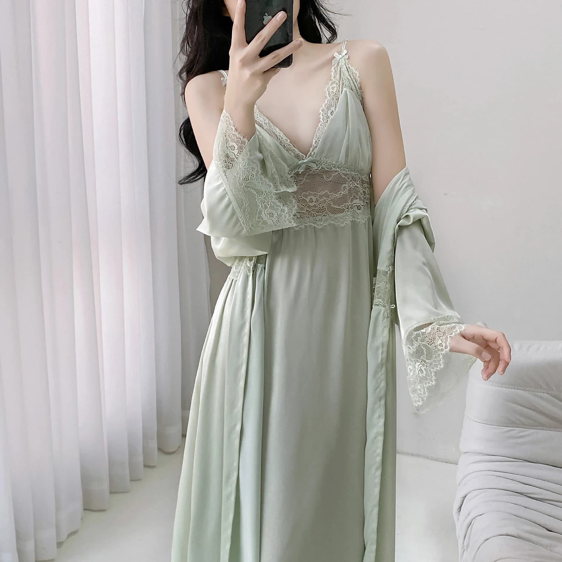 Women's Long Dress Set Twinset Night Shirt Spring Summer Kimono Bathrobe Lace Dress Night Shirt in satin Homewear Pigiama