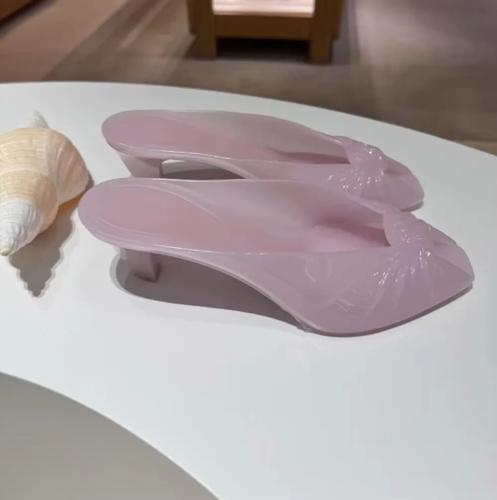 Transparent PVC Backless Slide Mule Heels Peep Toe Front Knot Detail Clear Low Kitten Block Heel Minimalist Summer Sandals