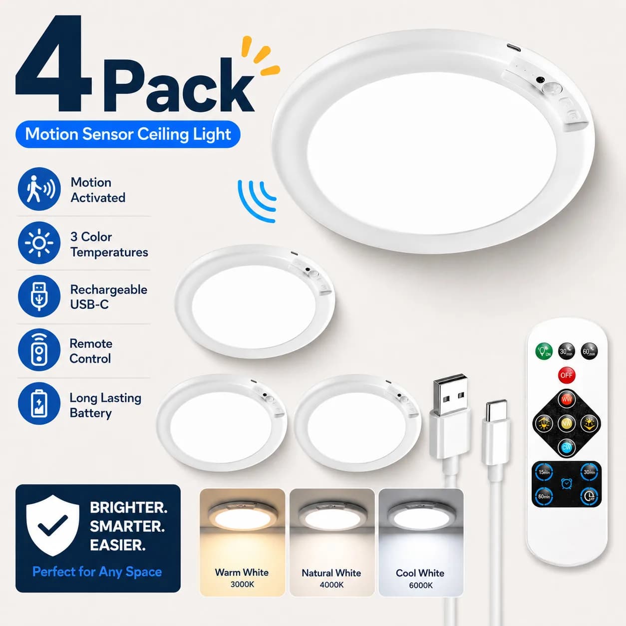 4 Pack Long Battery Motion Sensor Ceiling Light USB-C Rechargeable 3 Color