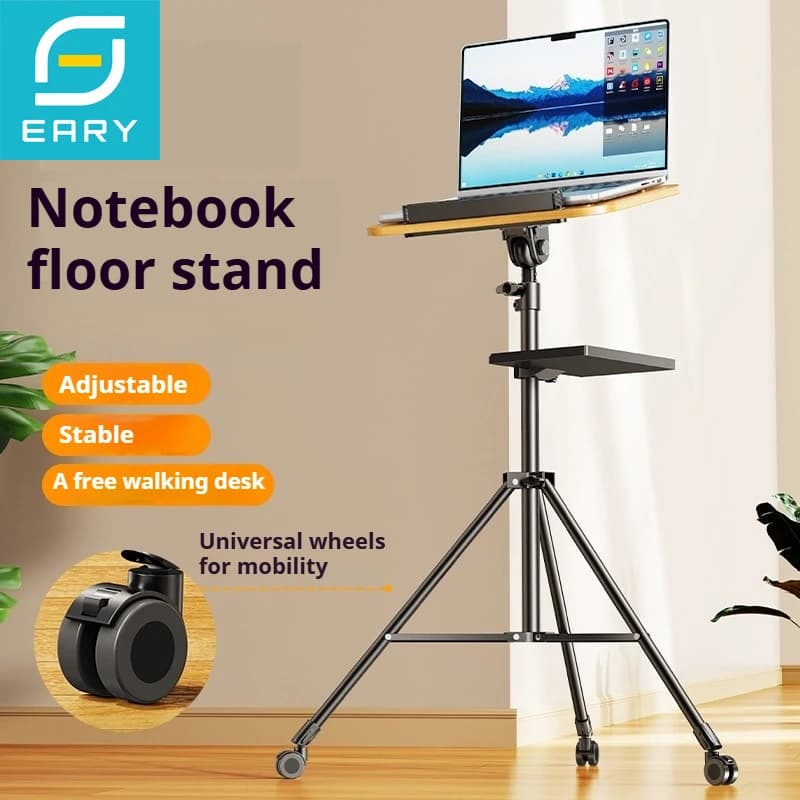 Treppiede per laptop in legno Eary con ruote Supporto per proiettore Supporto da pavimento Altezza regolabile 63 cm con vassoio per ufficio Home Stage Studio