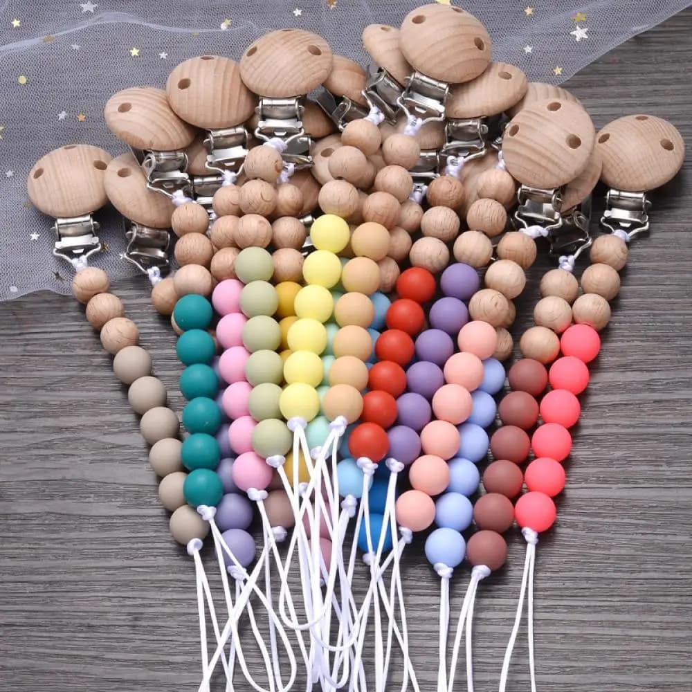 Catena per ciuccio per bambini in legno di faggio fatta a mano Perline rotonde in silicone Infantile Placare Clip per succhietto Anti-Goccia Porta ciuccio Clip per capezzoli
