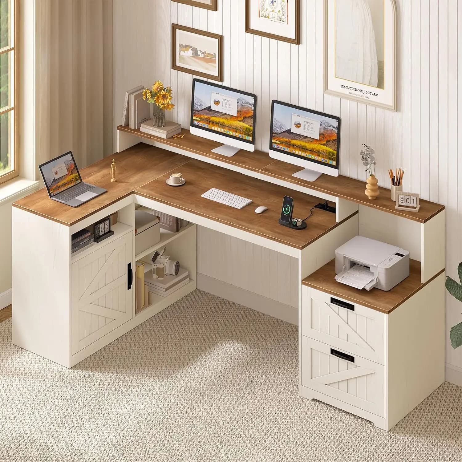 63" L Desk with Drawers & Printer Stand, Computer Desk with Power Outlet & Shelves, Monitor Stand for Home Office, Customized