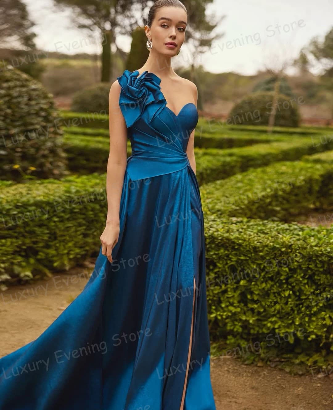 Semplici abiti da sera blu Sirena da donna Una spalla Ruffles Fiori Abiti da ballo di moda Abiti da sposa Party personalizzati