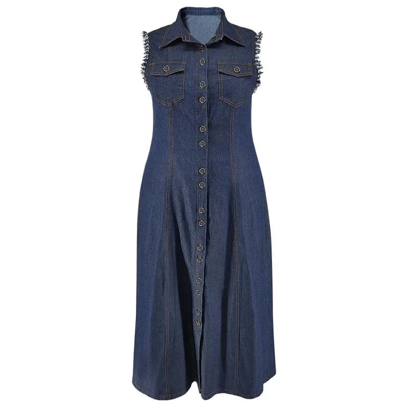 2025 Camicia estiva taglie forti con bottoni Abito in denim da donna Colletto rovesciato Abito grande in jeans Abito lungo a pieghe senza maniche da donna