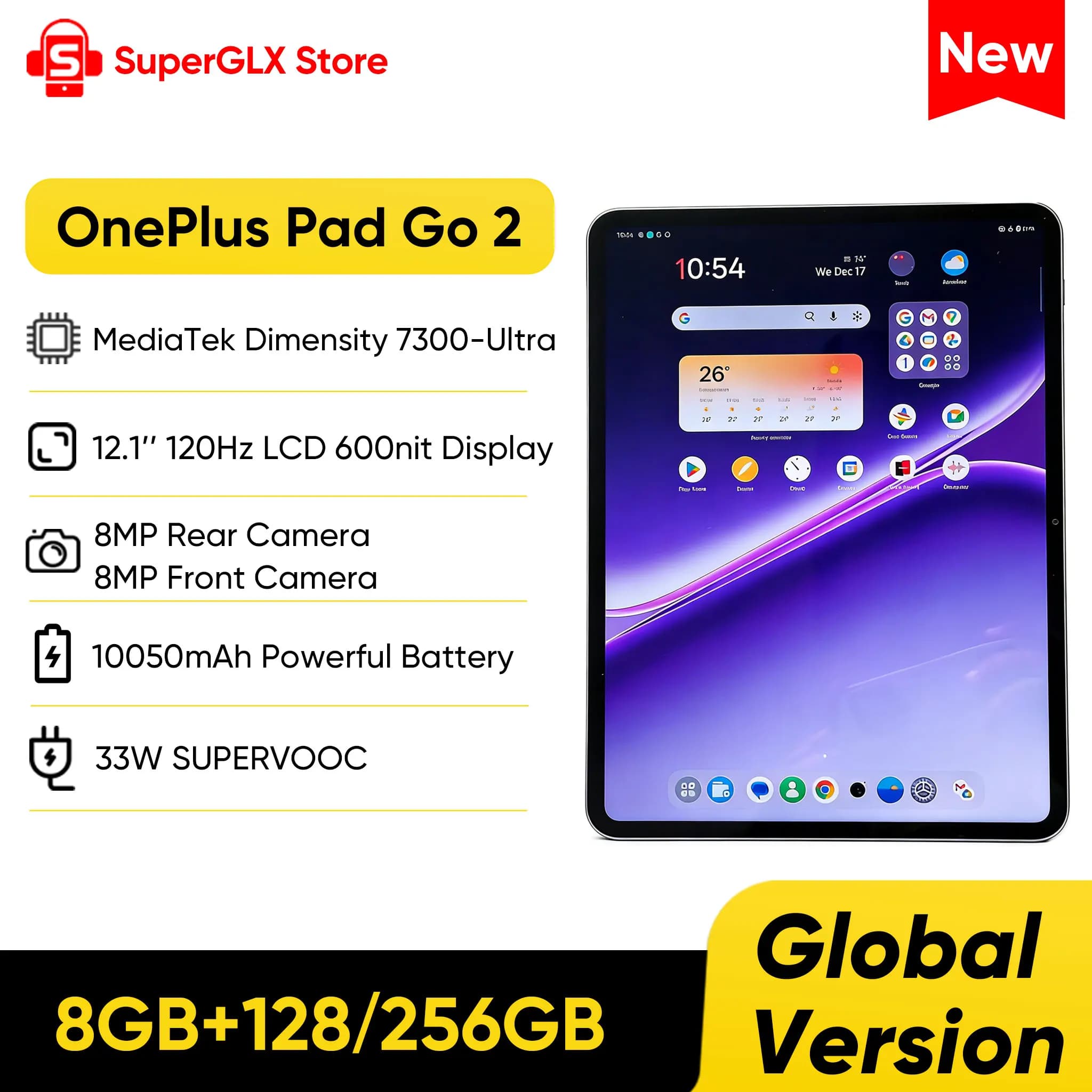 OnePlus Pad Go 2 Versione Globale, Tablet con MediaTek Dimensity 7300-Ultra, Display LCD da 12.1\" a 120Hz, Batteria da 10050mAh, Ricarica SUPERVOOC da 33W