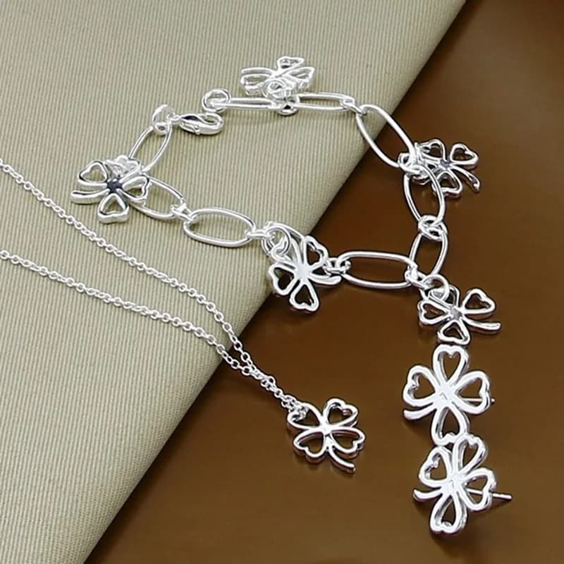 Set in argento sterling 925 con ciondolo a forma di trifoglio a quattro foglie, collana, bracciale, orecchini, set per ragazze, semplice regalo di gioielli di compleanno alla moda
