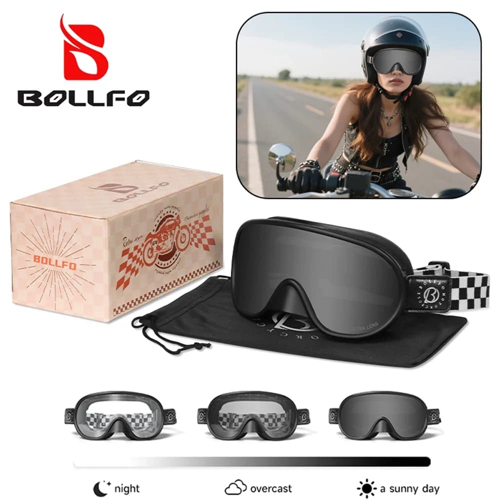 BOLLFO Occhiali da moto Vintage fotocromatici Motocross Equipaggiamento da equitazione UV400 Antiappannamento Lunette Sci Motoslitta Occhiali da snowboard
