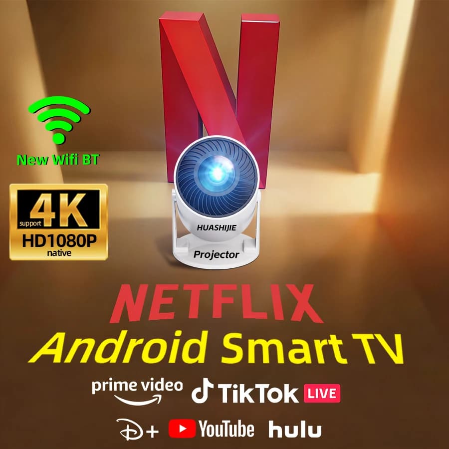 Proiettore home theater 4K, Wi-Fi integrato, mirroring dello schermo dai telefoni, nessun schermo necessario. Adatto per camera da letto, studenti. Sistema Android integrato, altoparlante. Spedizione locale veloce. Regali per la Festa della Mamma, la Festa del Papà, la Festa dei Bambini e San Valentino.