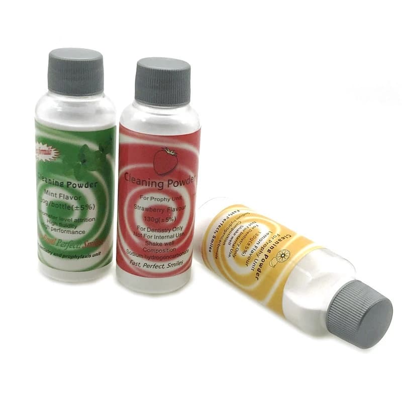 Polvere per lucidatura dentale Profilascia getto d'aria Flusso Pulizia dei denti Placca Rimozione macchie bicarbonato di sodio 130g Menta Limone Fragola