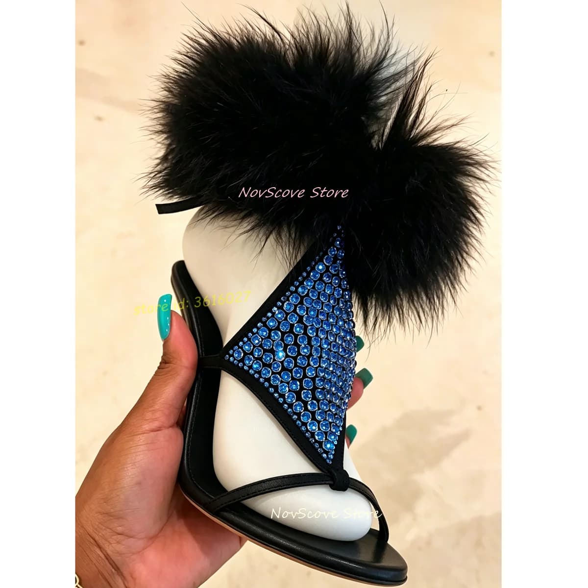 Open Toe Blue Crystal Sandals Ankle Furry Wrapped Stiletto High Heels Shallow Sandals Shiny Party Shoes Cutouts Rhinestone Shoes