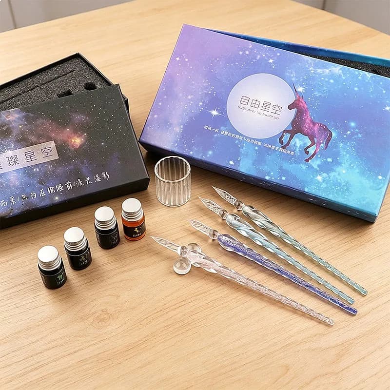 Starry Glass Dip Pen Set Crystal Gold Sand Fountain Pen Gift Box Student Art Calligraphy Writing Stationery Kit
