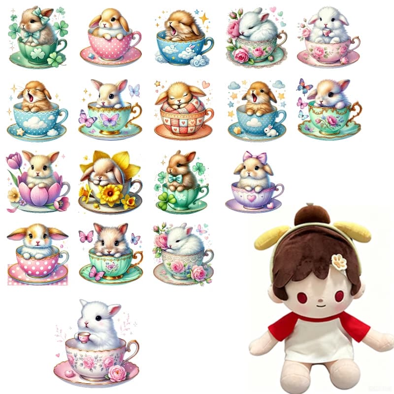 Cute Bunny Teacups Heat transfer Hot stamping iron printing vinyl stickers child T-shirt DIY Toy doll clothing decoration