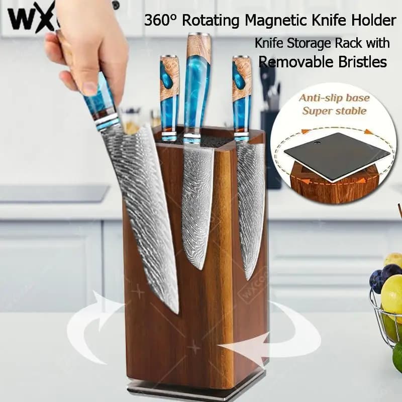 Portacoltelli magnetico salvaspazio per bancone cucina 360 ° Supporto portacoltelli in legno di acacia con portacoltelli magnetico rotante