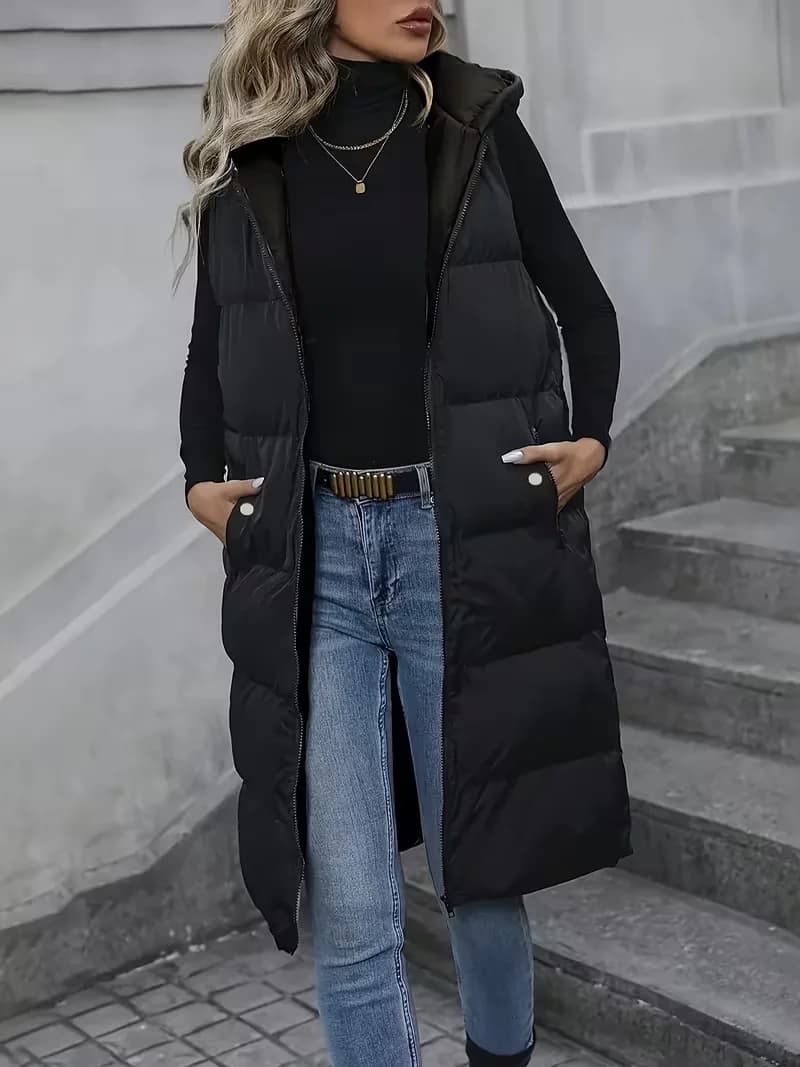 Solid Black Long Sleeveless Quilted Gilet, Hooded Zip Front Pocket Loose Outerwear Vest