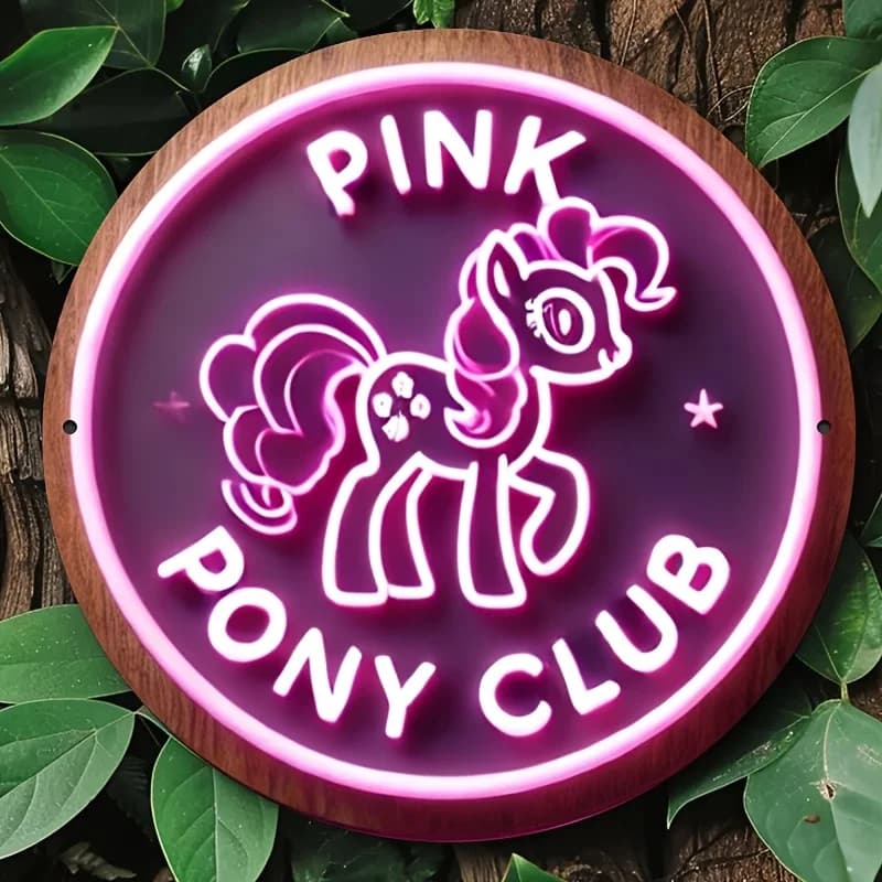 Pannello decorativo da parete in metallo 2D, 1 pezzo, con motivo a tema club di pony rosa in stile neon