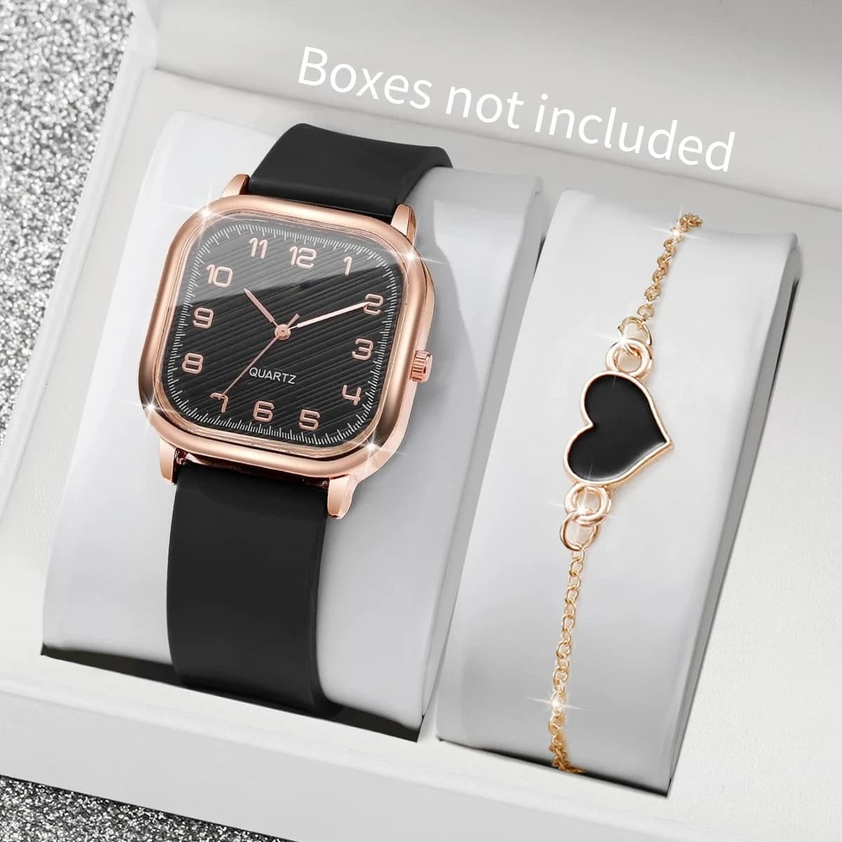 2PCS Fashion Square Women Watches Heart Bracelet Set Casual Silicone Strap Quartz Watch Reloj Mujer（Without Box）
