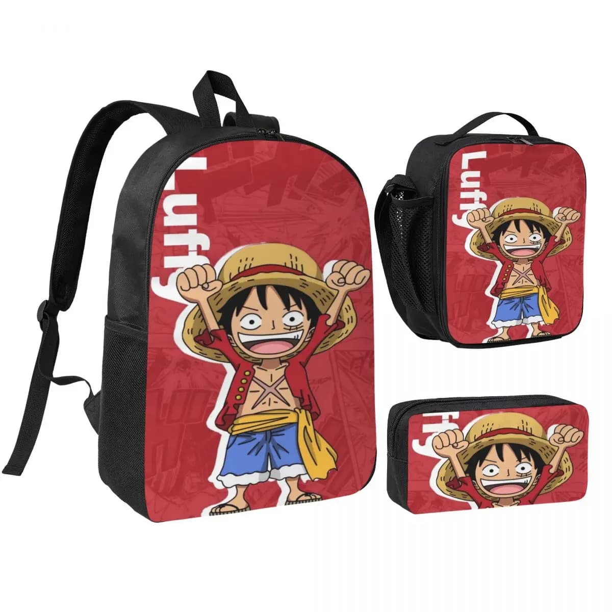 Set di 3 accessori Luffy One Piece per bambini: zaino, astuccio e borsa termica per la scuola.