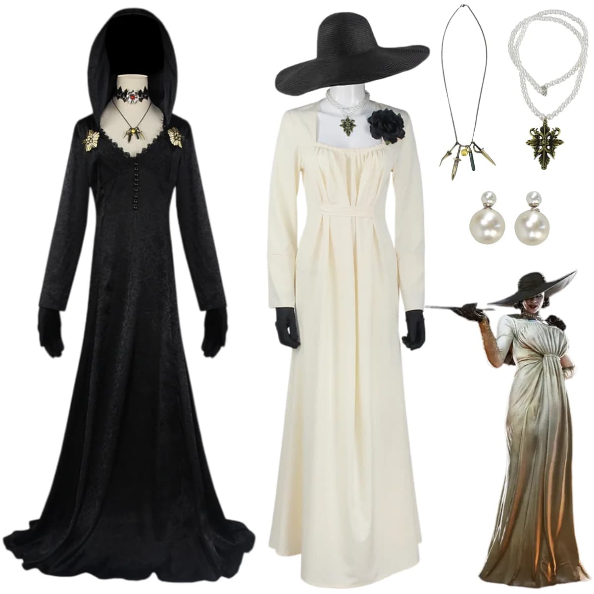 Anime Game Alcina Dimitrescu Cosplay Costume Bela Cassandra Daniela White Black Dress Necklace Wig Woman Sexy Carnival Suit