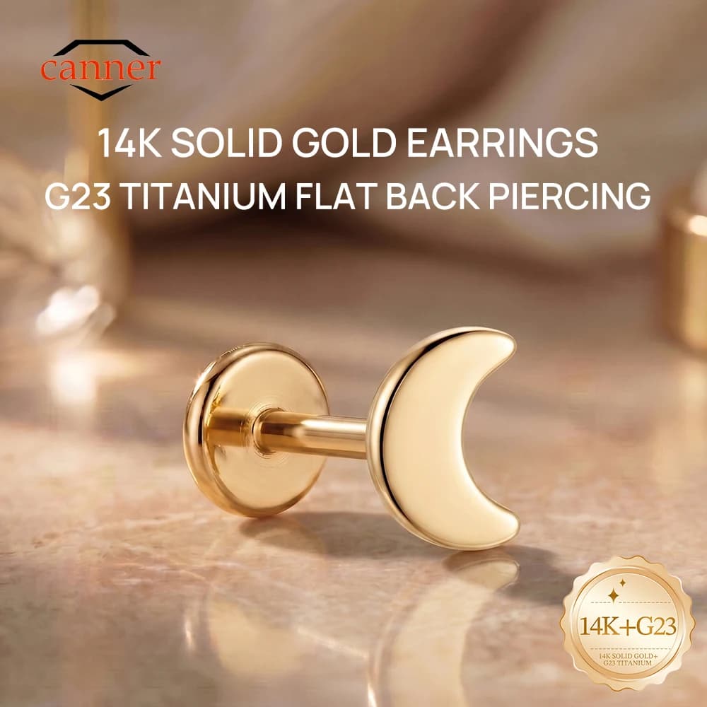 CANNER 14K Solid Gold Smooth Moon G23 Titanium Flat Back Piercing Stud Earring For Women Hypoallergenic Luxury Ear Bone Jewelry
