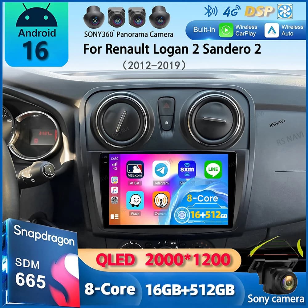 Android 16 Carplay Auto Car Radio For Renault Logan 2 Sandero 2 2012-2019 Multimedia Video Player GPS Stereo 2 Din DVD Head Unit