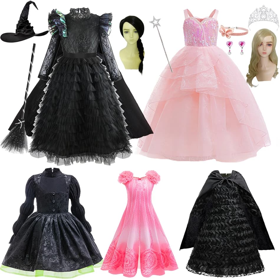 Wicked Witch Elphaba Cosplay Dress Halloween Fantasy Costume Children Glinda Pink Dress 2-12 Yrs Kids Luxury Princess Ball Gown
