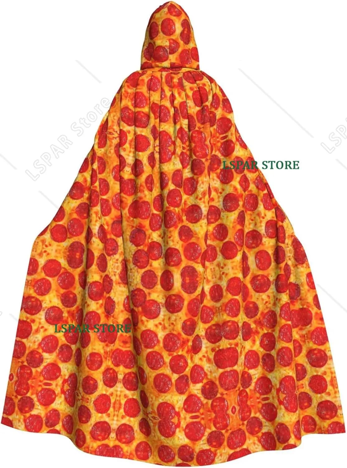 Funny Pepperoni Pizza Pattern Hooded Long Cape, Food Theme Halloween Cosplay Cloak