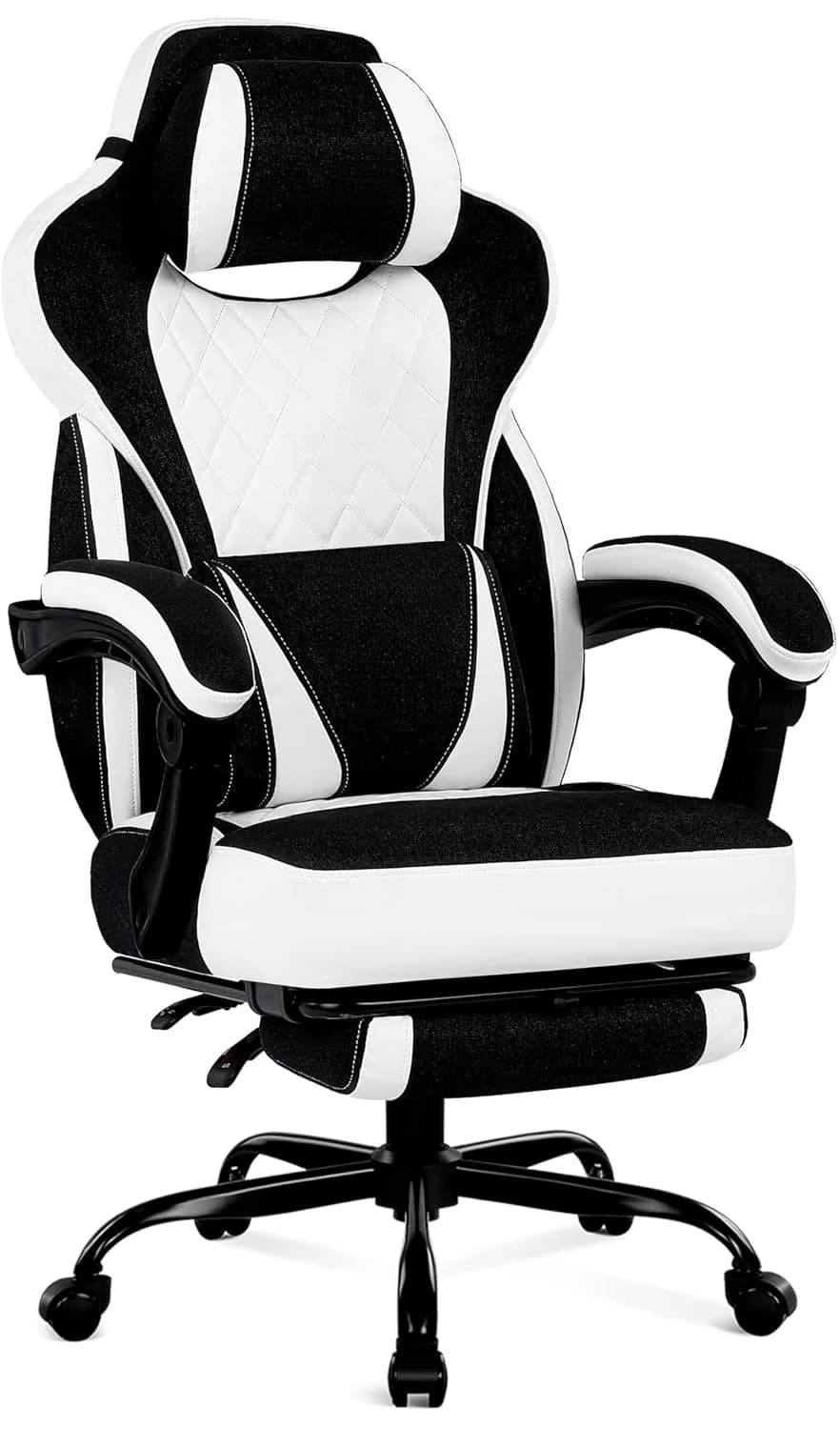 Sedia da Gaming Reclinabile in Tessuto con Cuscino a Molle Insacchettate, Poggiapiedi, Massaggio Lombare, 250LBS, per Ufficio e Computer, Bianca e Nera Personalizzabile