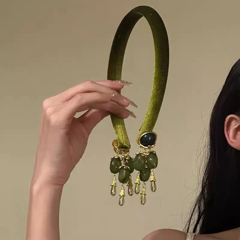 Fascia per capelli con frange vintage verde oliva Nuovo fermaglio per capelli cinese Orecchini finti da donna Accessori per capelli eleganti per copricapo