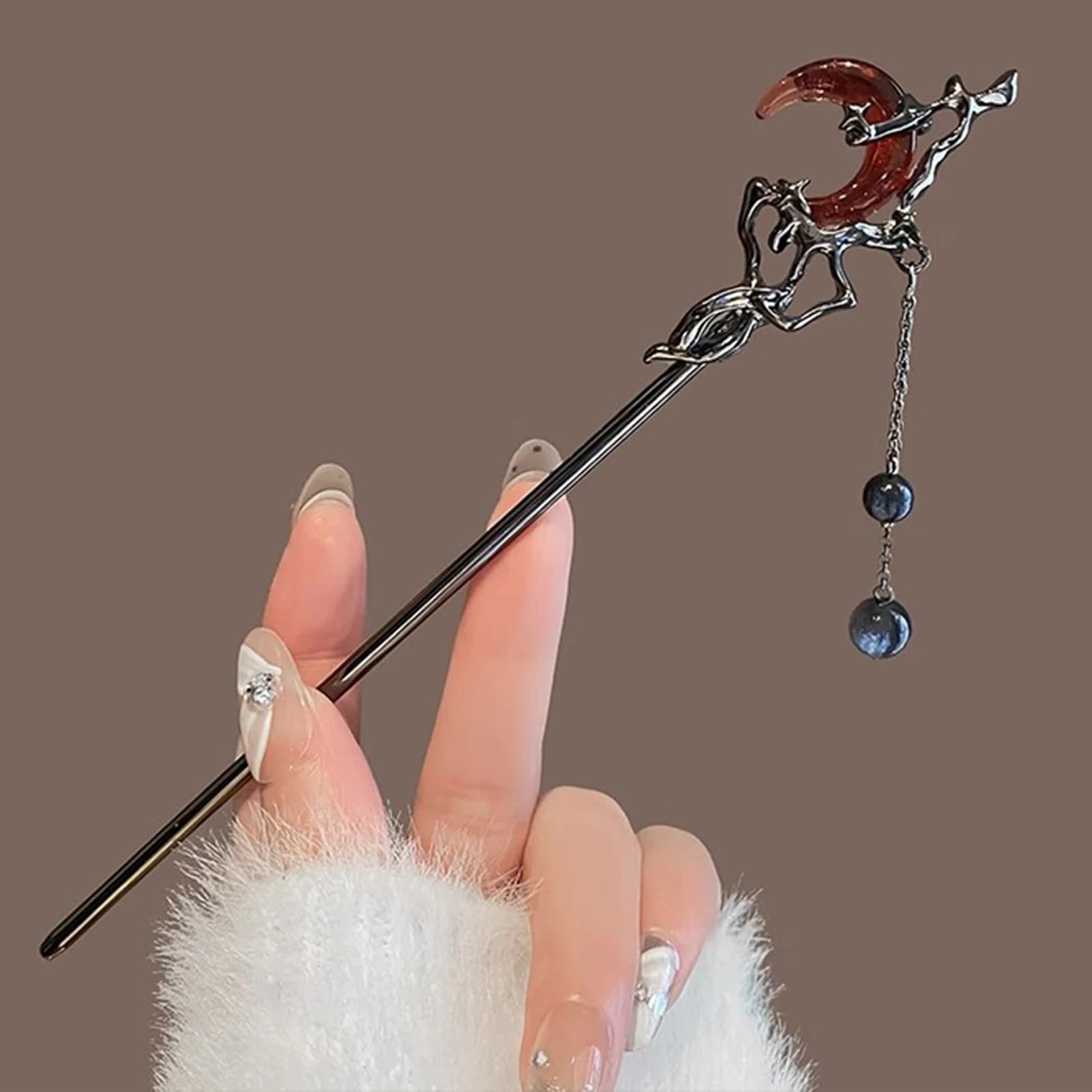 New Chinese Style Hair Clip with Red Moon Pendant Tassel Hair Stick Chopsticks Handmade Hairpin Daily Hair Jewelry Accessories