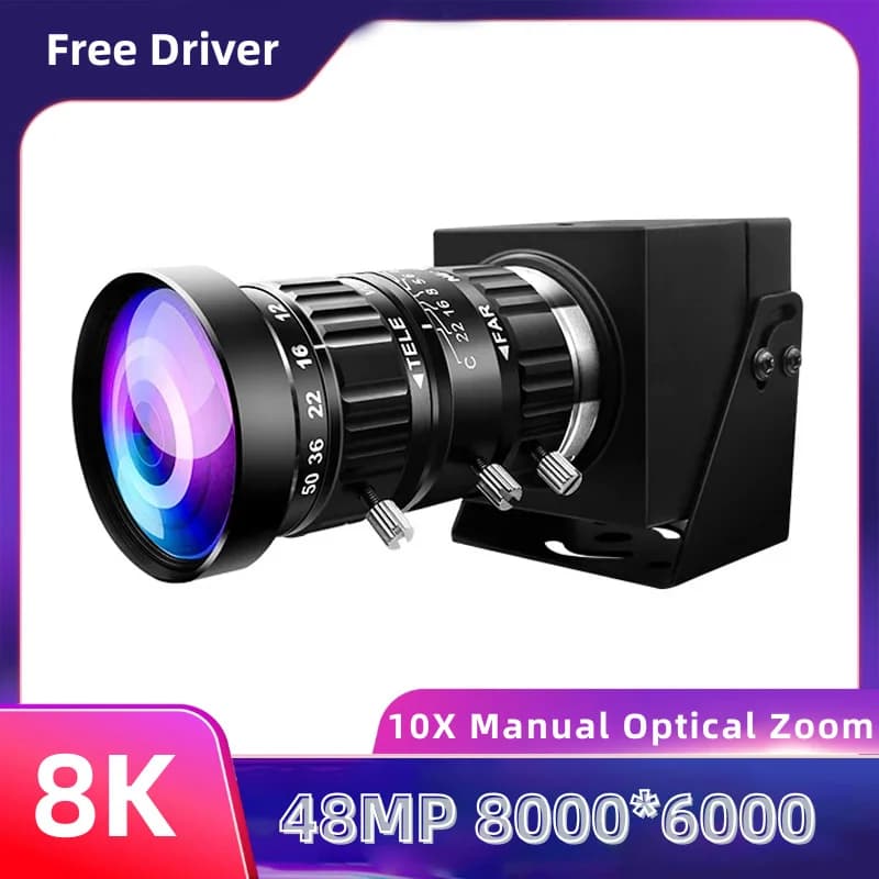ELP 48MP 8000x6000 8K USB Camera with 3X 3.6-10mm/10X 5-50mm Varifocal CS Zoom Lens CMOS IMX586 Industrial PC Webcam 4K 30fps