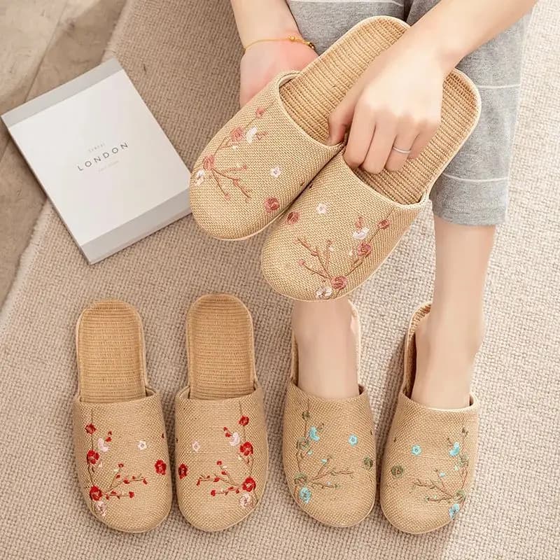 Pantofole in Lino per Uomo e Donna, Scarpe da Casa Ricamate, Comode con Suola Piatta, in Pelle Sintetica, Slip-On per Coppie