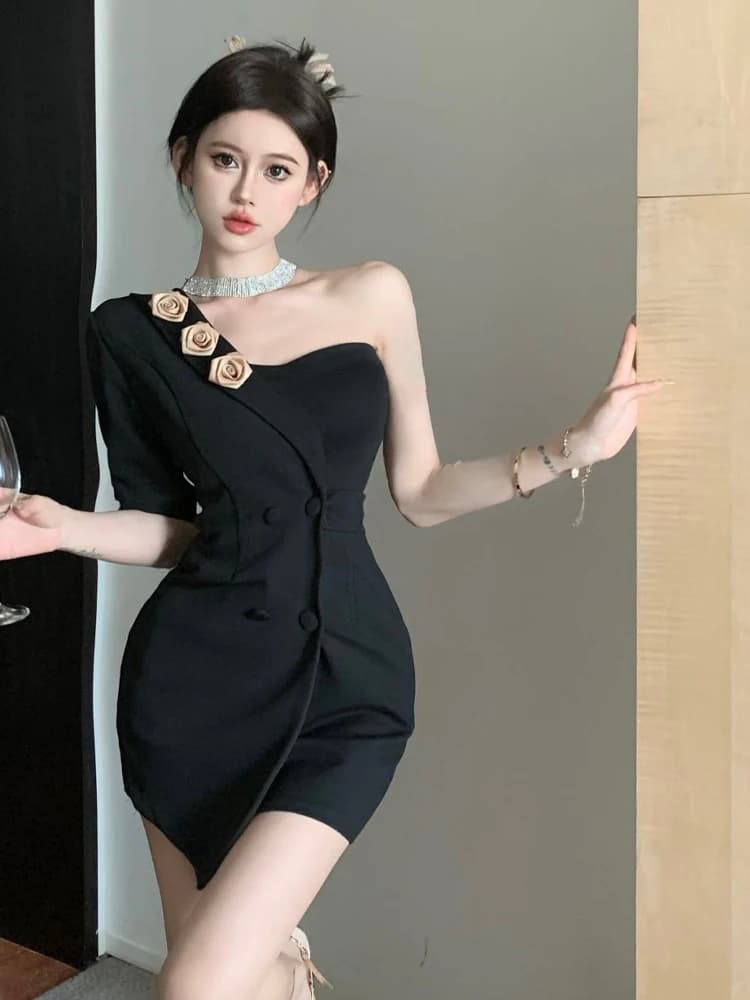 Sexy Slim Fit Short Sleeve Suit Dress with Shoulder Design 3D Floral Print Bodycon Skirt Elegant Lady Chinese Brand Women's C...