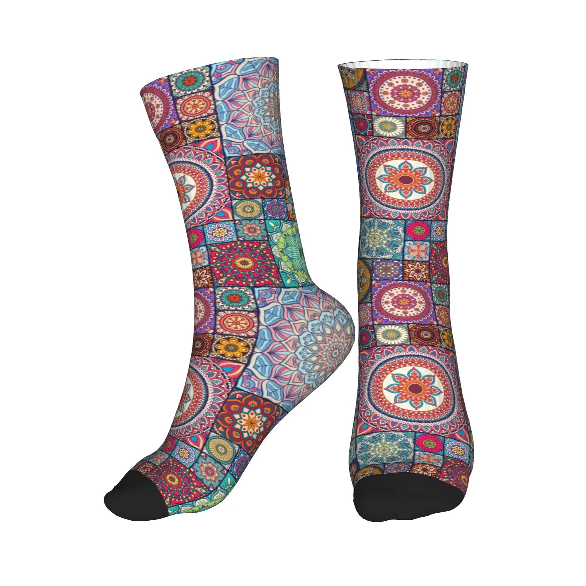 Socks with ethnic floral pattern in bohémien style, football sports socks with warm 3D print for men and women
