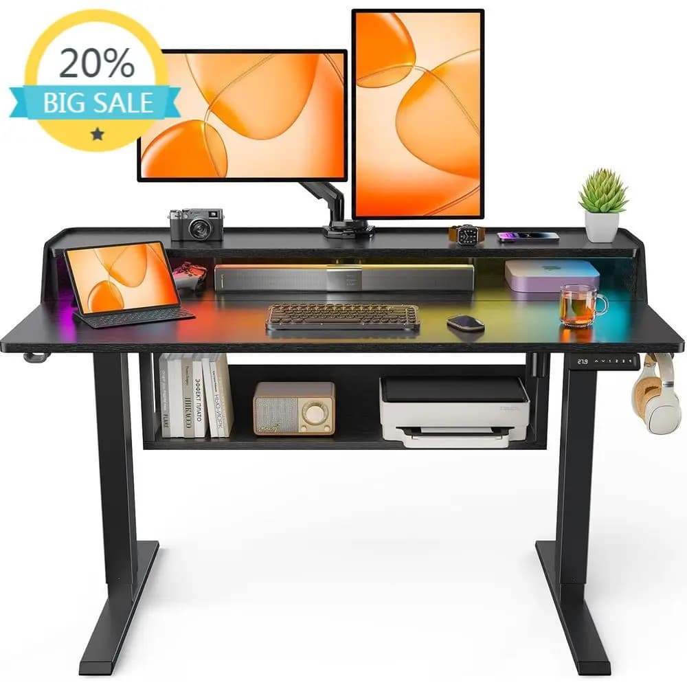 Scrivania Regolabile 48x24 con Libreria, Supporto Monitor, Luce LED, per Casa o Ufficio, Nera