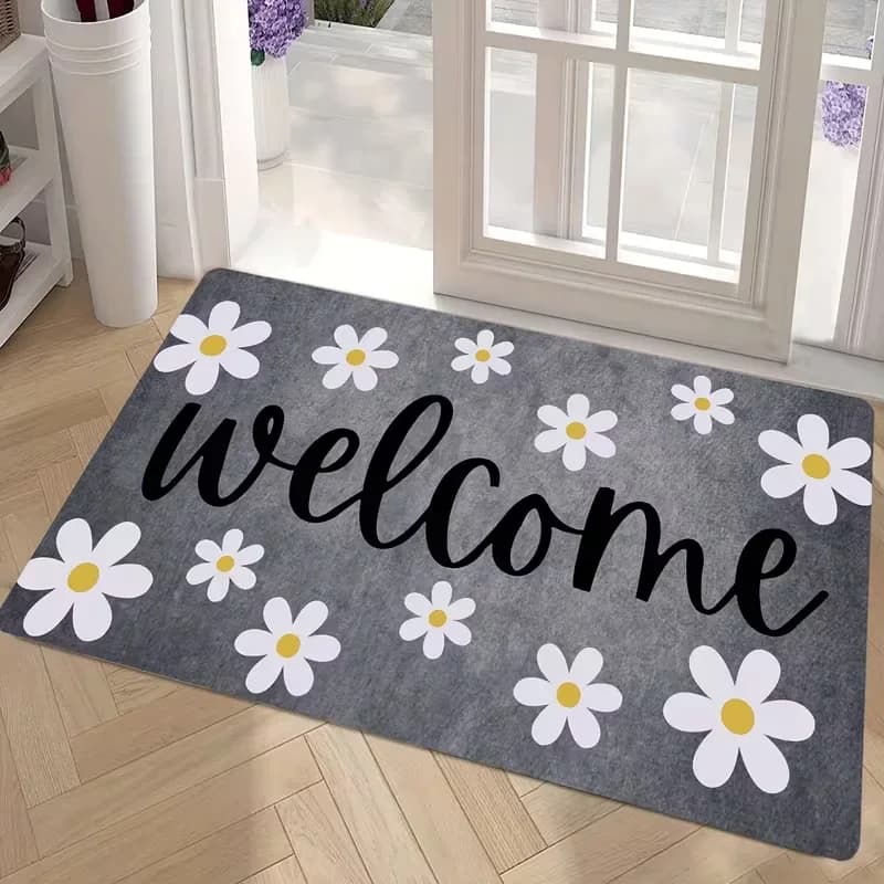 Welcome Daisy Doormat - Machine Washable Polyester Door Mat Rectangular Indoor and Outdoor Entrance Rug for Home Deco