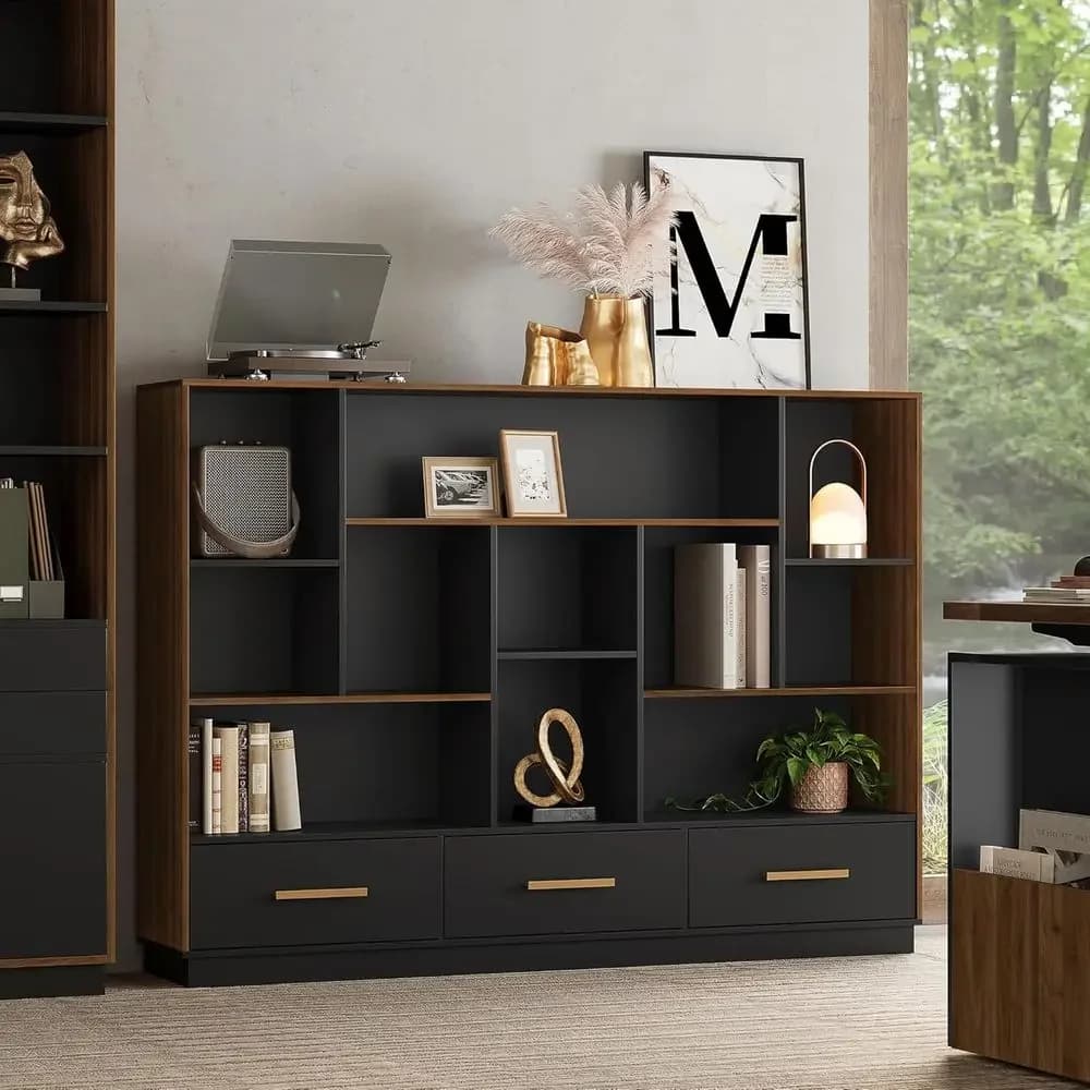 Wide Open Cube Bookcase Organizer, Wooden Storage Shelves for Home Office and Living Spaces, Black Walnut