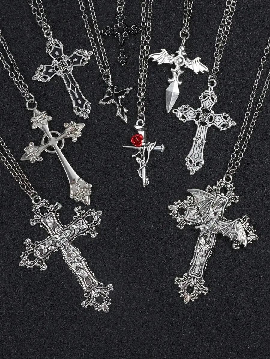 9pcs Punk Gothic Cross Necklaces With Faux Crystal For Adults Unisex Aesthetic Jewelry