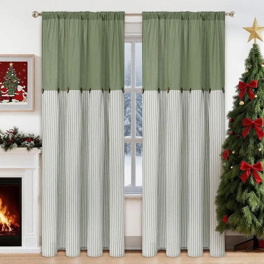 Cotton and linen curtains for living room, boho curtains with loop for rod and back tabs for bedroom, green country farmhouse style striped curtains