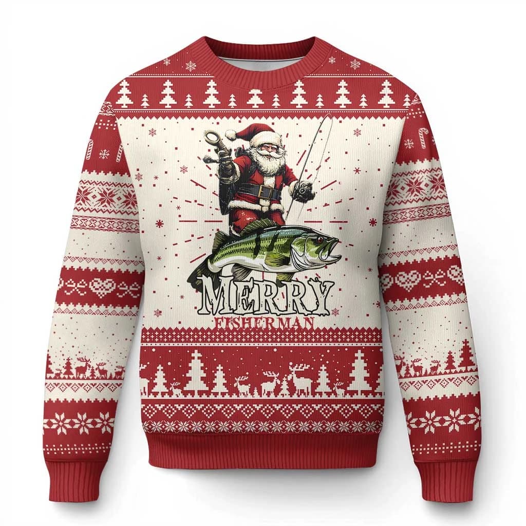 Fun Christmas sweater with Santa fishing, with fishing graphics and 'Merry Fishmas' motif, ideal for bass fishing.
