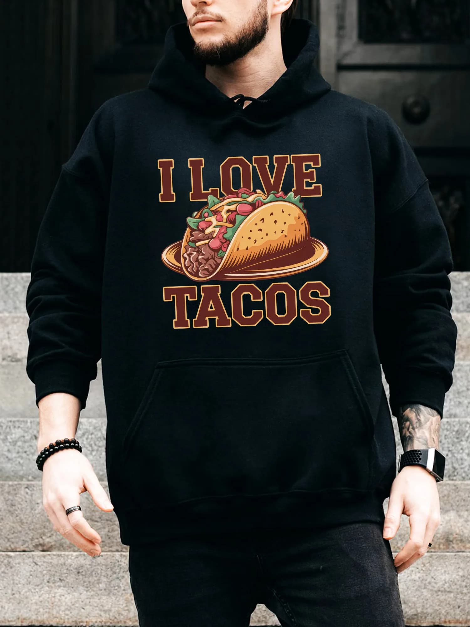 Felpa con cappuccio da uomo con coulisse I Love Tacos - Pullover nero casual e confortevole, felpa con cappuccio autunno e inverno