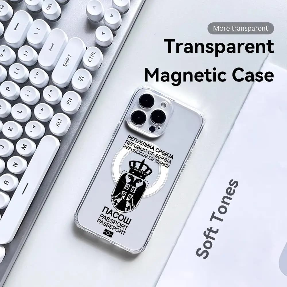Custodia per telefono Cool Serbia Passport per iPhone 17 16 15 14 13 12 Pro Max Plus, trasparente con MagSafe e ricarica wireless