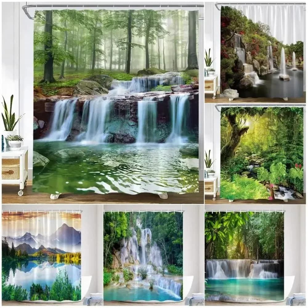 Tenda da doccia a cascata con foresta panoramica, piante della giungla tropicale, alberi, lago, natura, paesaggio, tende da bagno appese a parete
