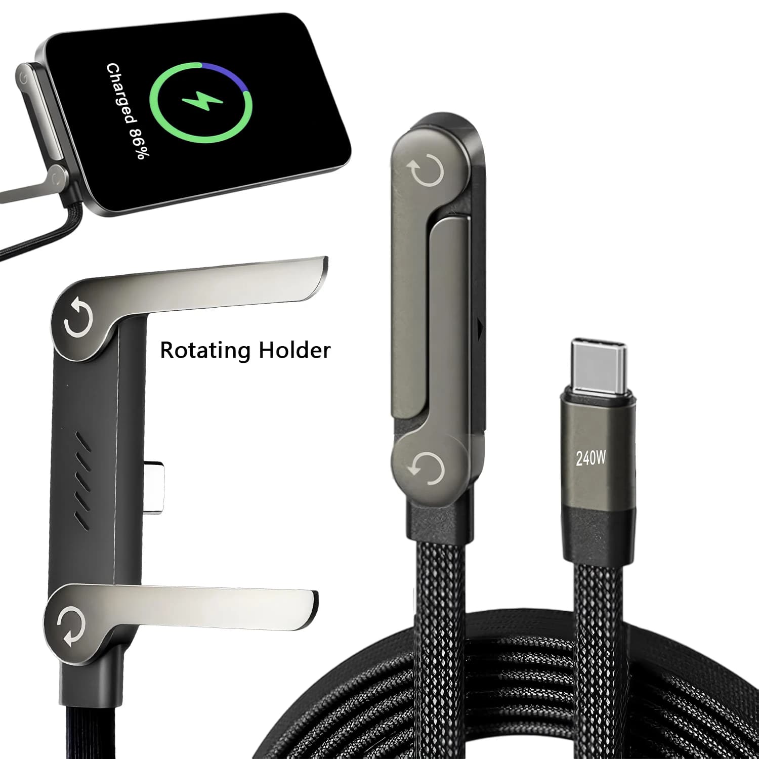 Type-C 2-in-1 cable with Foldable Phone Support, Quick Charging 240W, Multifunction Data Cable, Charging Support for Phone, Dual PD Cable
