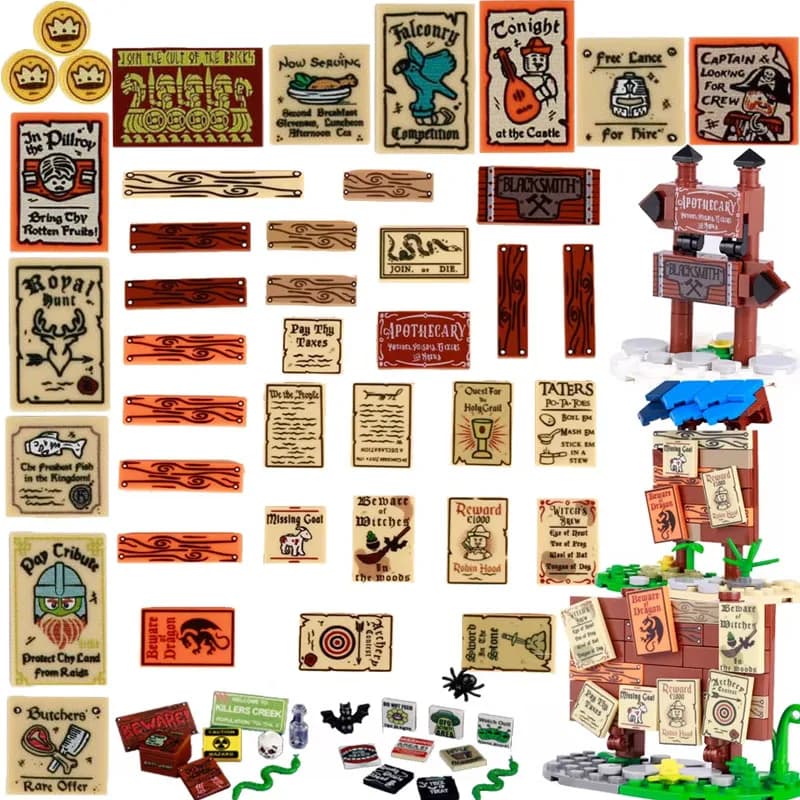 MOC medievale militare stampato Building Blocks Poster castello esercito indicatore segno accessori in legno mattoni compatibile giocattolo di Halloween